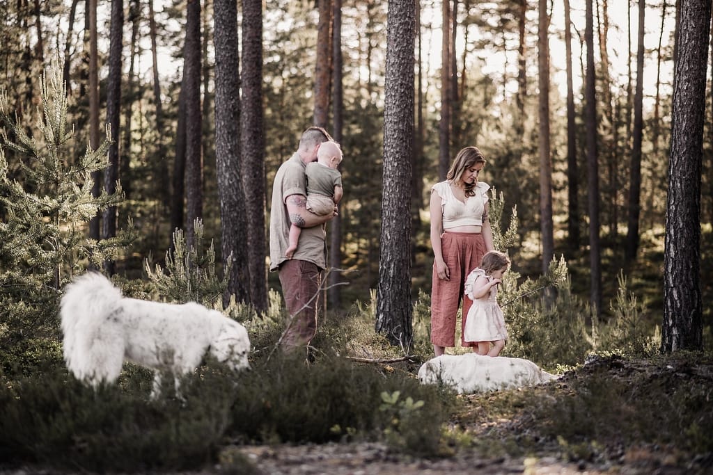 Familie mit 2 Kindern und 2 Hunden am fränkischen Dünenweg beim Familienshooting. Sie gehen in den Kiefernwald und schauen sich ein bisschen um
