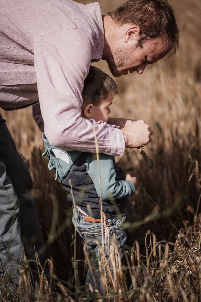 Familienfoto mit Kleinkind. Papa und Sohn in einem Getreidefeld.