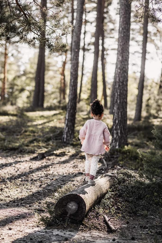Kleines Mädchen in heller Kleidung balanciert auf einem umgefallenen Baumstamm im Wald am fränkischen Dünenweg beim Familienshooting beim Nürnberg.