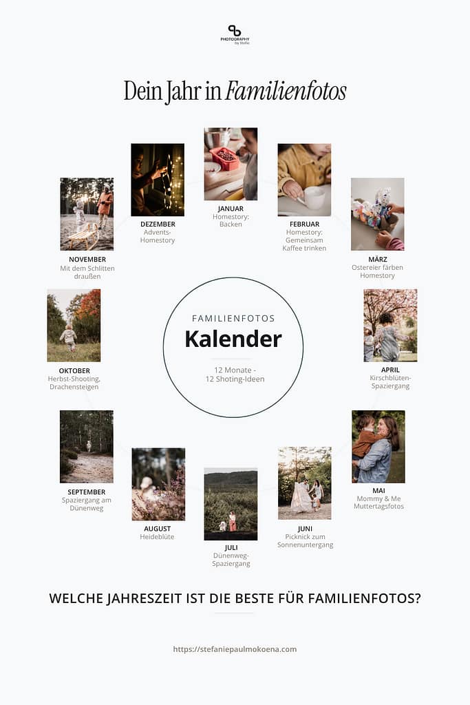 Infografik eines Familienshooting-Kalender in kreisförmiger Anordnung. Zu jeder Jahreszeit gibt es eine Shooting-Idee.