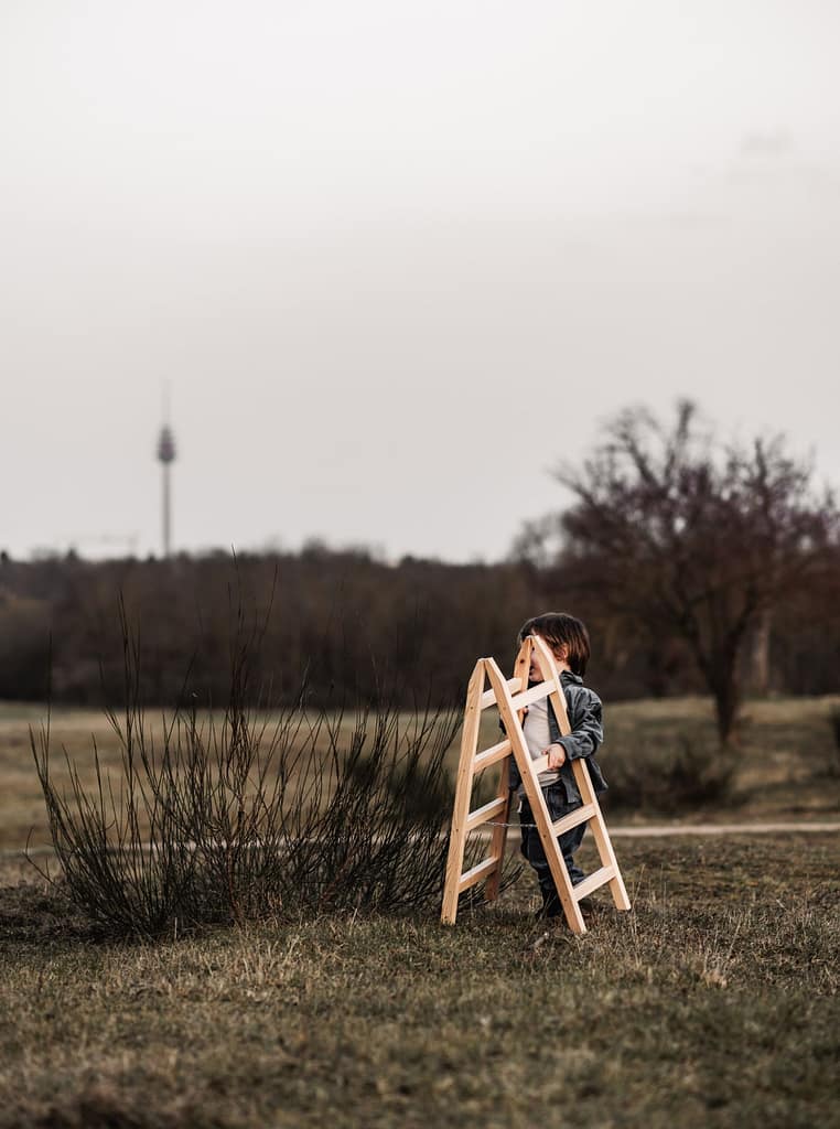 Kleiner Junge mit einer Leiter, die er über eine Wiese trägt beim Familien- und Babybauchshooting im Hainberg Naturschutzgebiet.